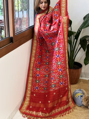 Red Handwoven Ikat Patola with Gotapatti & Pearl Handwork dupatta in Pure Silk