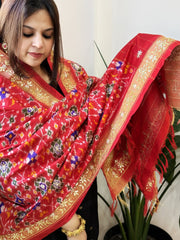 Red Handwoven Ikat Patola with Gotapatti & Pearl Handwork dupatta in Pure Silk