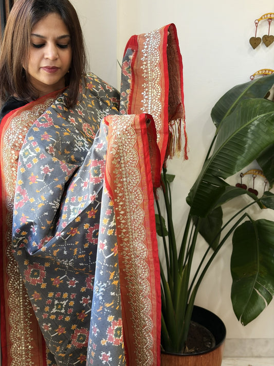 Grey Handwoven Ikat Patola with Gotapatti & Pearl Handwork dupatta in Pure Silk