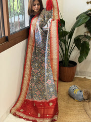 Grey Handwoven Ikat Patola with Gotapatti & Pearl Handwork dupatta in Pure Silk