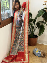 Grey Handwoven Ikat Patola with Gotapatti & Pearl Handwork dupatta in Pure Silk