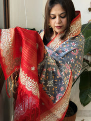 Grey Handwoven Ikat Patola with Gotapatti & Pearl Handwork dupatta in Pure Silk