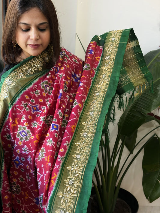 Green, Pink Handwoven Ikat Patola with Gotapatti & Pearl Handwork dupatta in Pure Silk