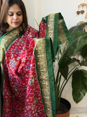 Green, Pink Handwoven Ikat Patola with Gotapatti & Pearl Handwork dupatta in Pure Silk