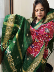 Green, Pink Handwoven Ikat Patola with Gotapatti & Pearl Handwork dupatta in Pure Silk