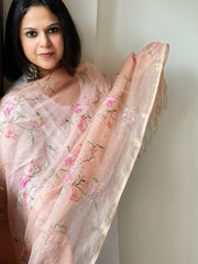 Peach Kota Cotton Dupatta with Cross-Stitch Jaal Embroidery