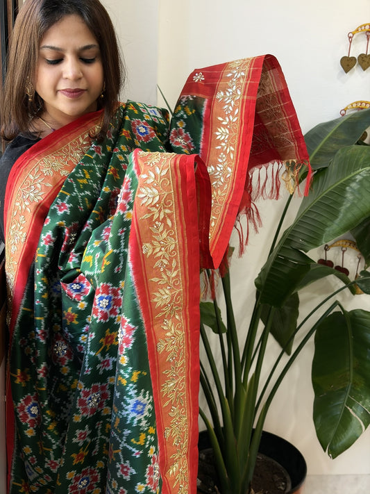 Green Handwoven Ikat Patola with Gotapatti & Pearl Handwork dupatta in Pure Silk