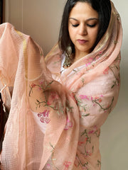 Peach Kota Cotton Dupatta with Cross-Stitch Jaal Embroidery