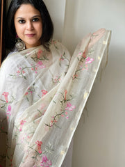 Cream Kota Cotton Dupatta with Cross-Stitch Jaal Embroidery