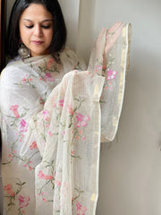 Cream Kota Cotton Dupatta with Cross-Stitch Jaal Embroidery