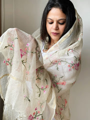 Cream Kota Cotton Dupatta with Cross-Stitch Jaal Embroidery