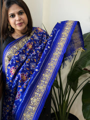 Royal Blue Handwoven Ikat Patola with Gotapatti & Pearl Handwork dupatta in Pure Silk