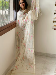 Cream Kota Cotton Dupatta with Cross-Stitch Jaal Embroidery