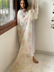 Cream Kota Cotton Dupatta with Cross-Stitch Jaal Embroidery