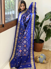 Royal Blue Handwoven Ikat Patola with Gotapatti & Pearl Handwork dupatta in Pure Silk