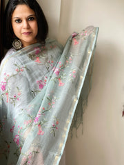 Aqua Blue Kota Cotton Dupatta with Cross-Stitch Jaal Embroidery