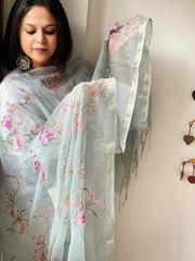 Aqua Blue Kota Cotton Dupatta with Cross-Stitch Jaal Embroidery