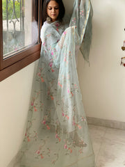Aqua Blue Kota Cotton Dupatta with Cross-Stitch Jaal Embroidery