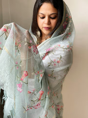 Aqua Blue Kota Cotton Dupatta with Cross-Stitch Jaal Embroidery