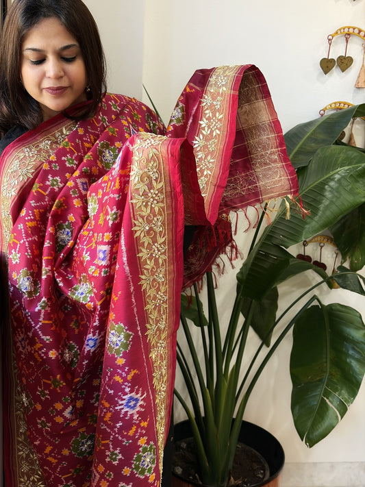 Pink Handwoven Ikat Patola with Gotapatti & Pearl Handwork dupatta in Pure Silk