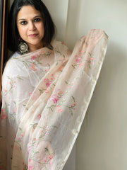 Lite Peach Kota Cotton Dupatta with Cross-Stitch Jaal Embroidery