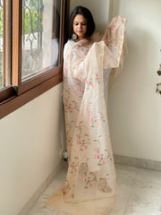 Lite Peach Kota Cotton Dupatta with Cross-Stitch Jaal Embroidery