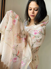 Lite Peach Kota Cotton Dupatta with Cross-Stitch Jaal Embroidery