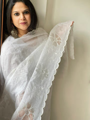 White Kota Cotton Dupatta with Cut Work Jaal