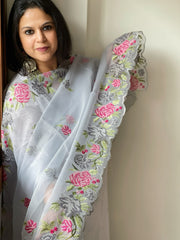 Powder Blue Kota Cotton Dupatta with Cross-Stitch Embroidered Border