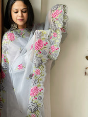 Powder Blue Kota Cotton Dupatta with Cross-Stitch Embroidered Border