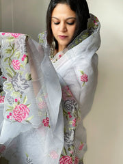 Powder Blue Kota Cotton Dupatta with Cross-Stitch Embroidered Border