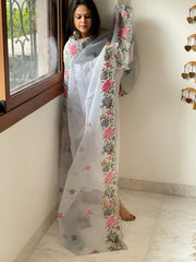 Powder Blue Kota Cotton Dupatta with Cross-Stitch Embroidered Border