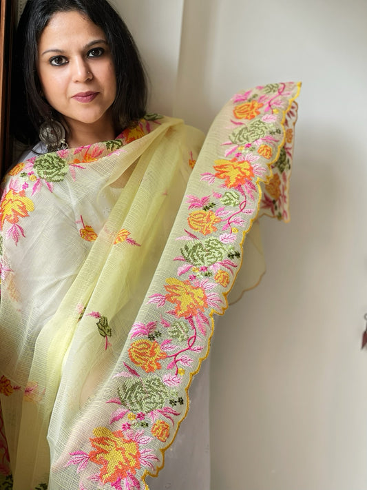 Yellow Kota Cotton Dupatta with Cross-Stitch Embroidered Border