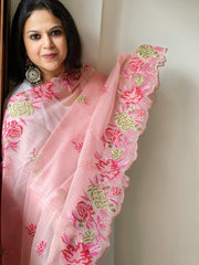 Peachish Pink Kota Cotton Dupatta with Cross-Stitch Embroidered Border