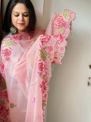 Peachish Pink Kota Cotton Dupatta with Cross-Stitch Embroidered Border