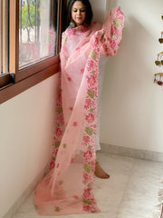 Peachish Pink Kota Cotton Dupatta with Cross-Stitch Embroidered Border
