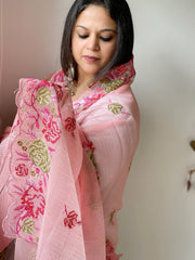 Peachish Pink Kota Cotton Dupatta with Cross-Stitch Embroidered Border
