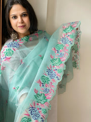 Blue Kota Cotton Dupatta with Cross-Stitch Embroidered Border