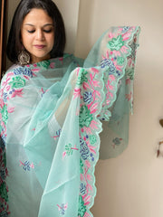 Blue Kota Cotton Dupatta with Cross-Stitch Embroidered Border