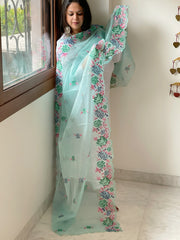 Blue Kota Cotton Dupatta with Cross-Stitch Embroidered Border
