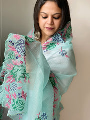 Blue Kota Cotton Dupatta with Cross-Stitch Embroidered Border