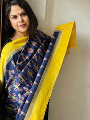 Blue, Yellow Handwoven Ikat Dupatta in Cotton