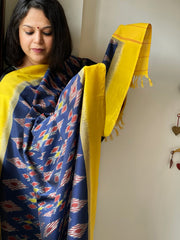 Blue, Yellow Handwoven Ikat Dupatta in Cotton
