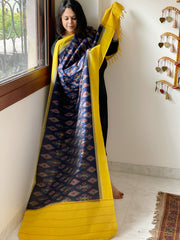 Blue, Yellow Handwoven Ikat Dupatta in Cotton