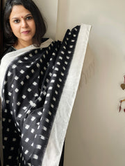 Black, White Handwoven Ikat Dupatta in Cotton