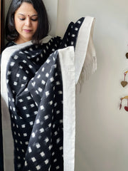 Black, White Handwoven Ikat Dupatta in Cotton