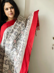 White, Red Handwoven Ikat Dupatta in Cotton