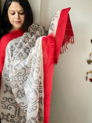 White, Red Handwoven Ikat Dupatta in Cotton