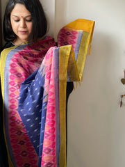 Blue, Pink Handwoven Ikat Dupatta in Cotton