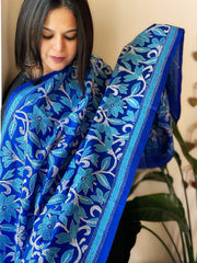 Blue Handmade Nakshi Kantha Dupatta in Pure Silk